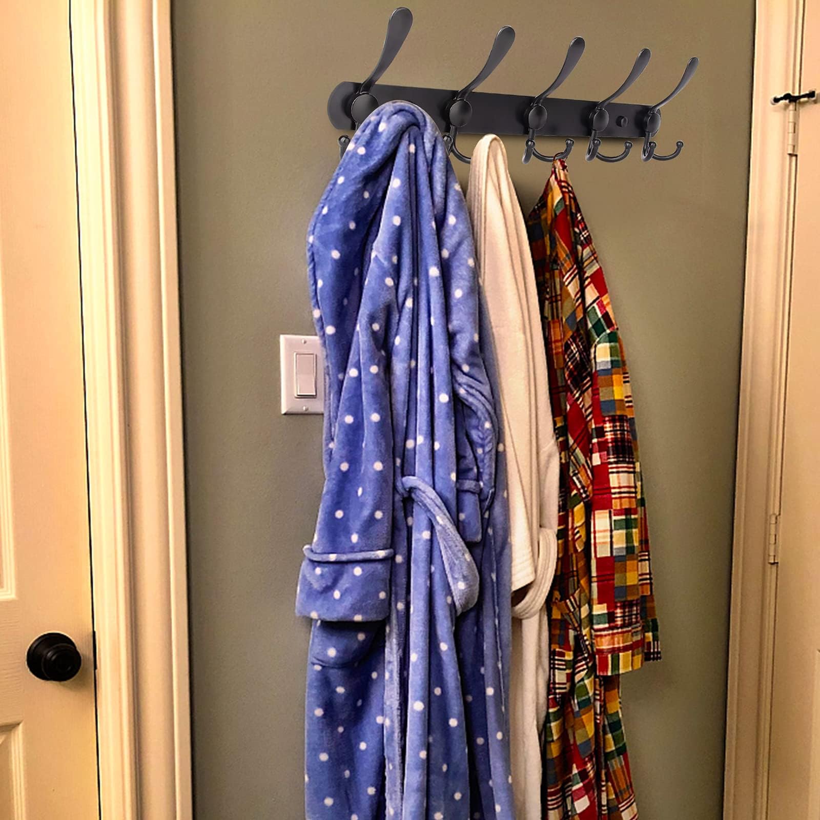 Wall Mounted Coat Rack with 5 Heavy Duty Tri Hooks - All Metal Constru ...