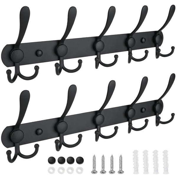 2-Pack Wall Mounted Coat Racks with 5 Heavy Duty Tri Hooks - All Metal Construction for Jackets and Coats