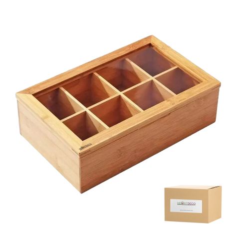 Heartdeco Bamboo Tea BagsOrganizer & Coffee Storage with 8 Partitions