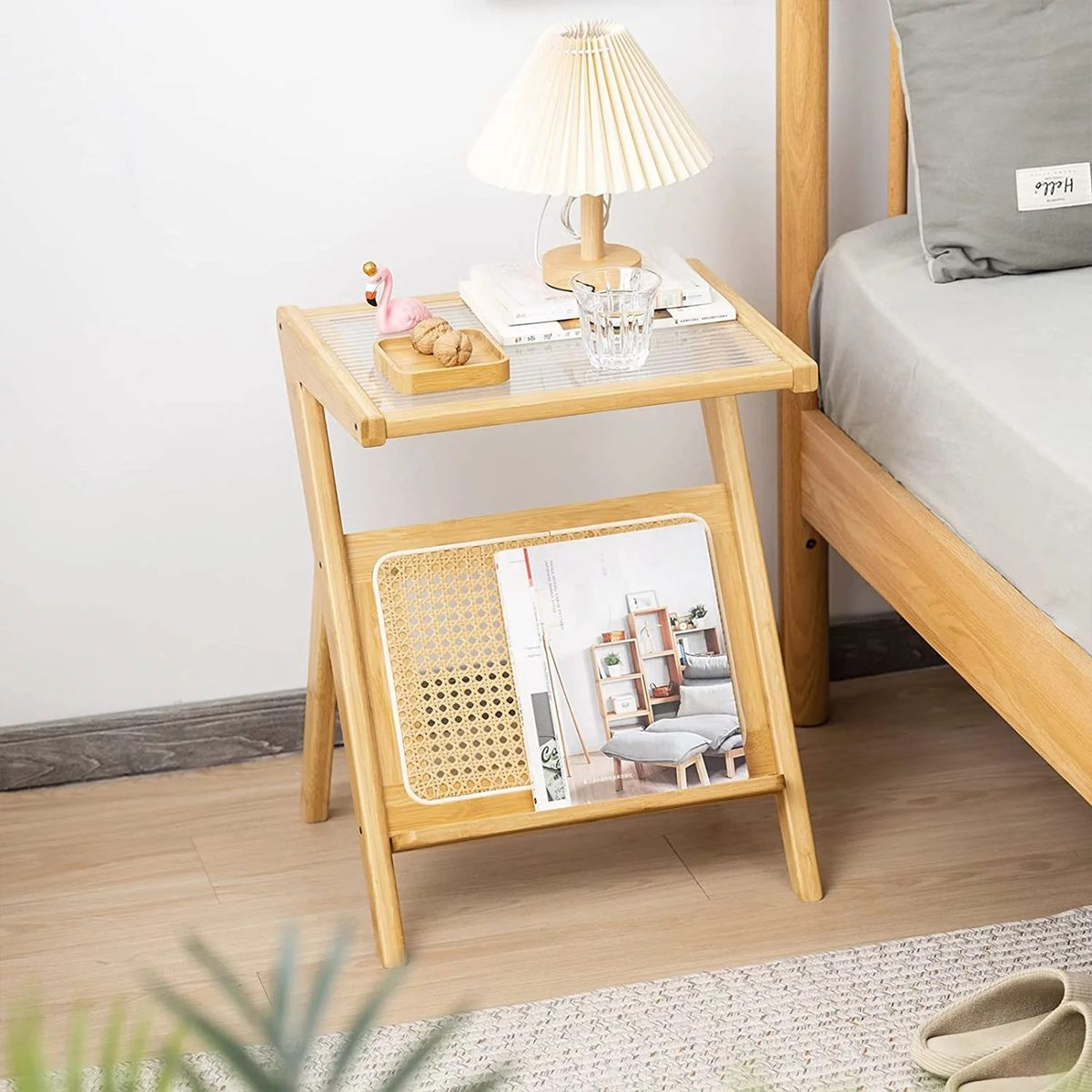 Bamboo Side Table Rattan Glass Nightstand With Mid Century Bohemian St ...