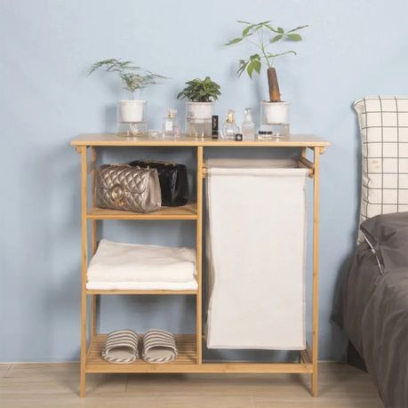 4-Tier Bamboo Laundry Basket Shelf with Removable Sliding Bag – HEARTDECO