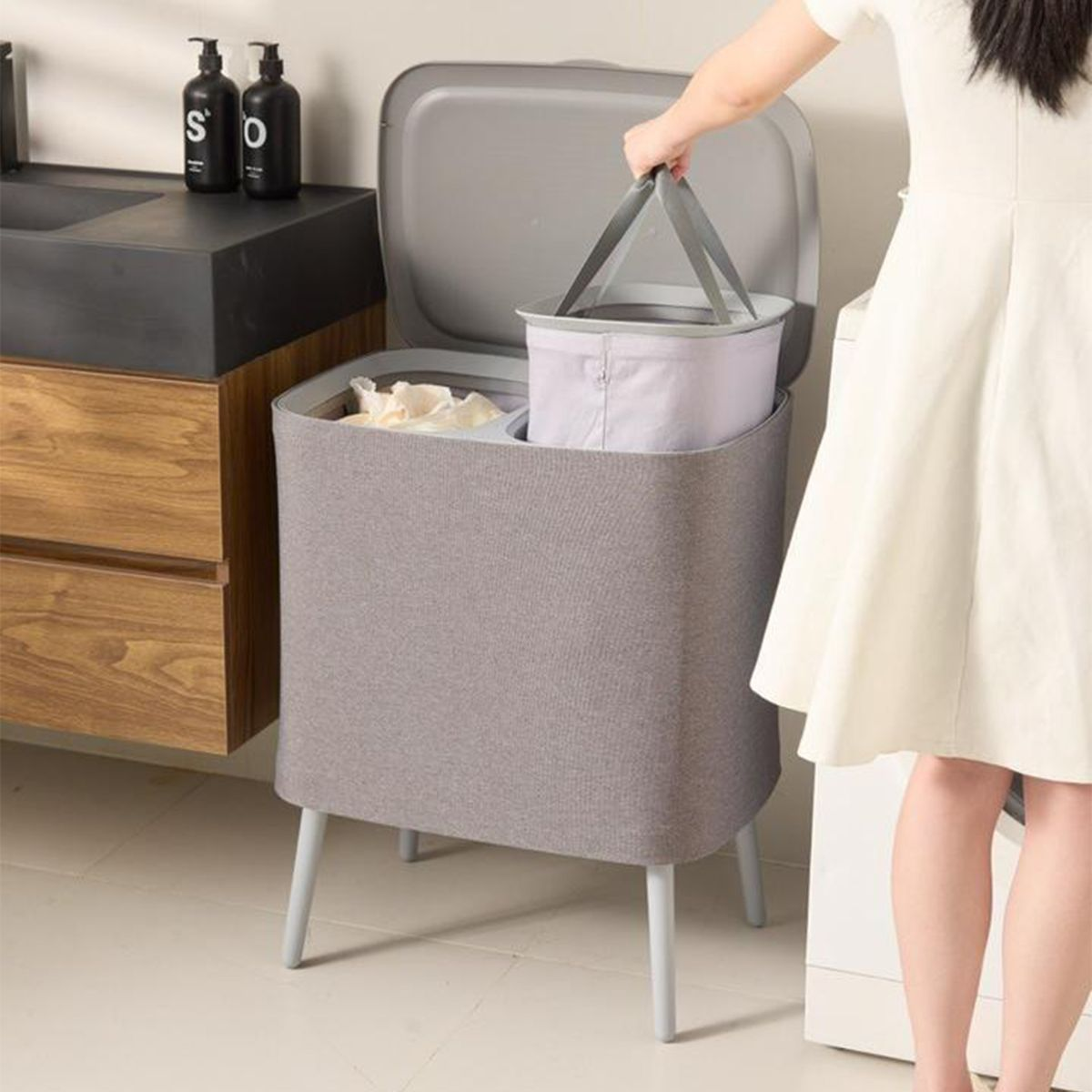 Mix Box Laundry Basket with Lids - 60L,2 Section with Removable Fabric ...