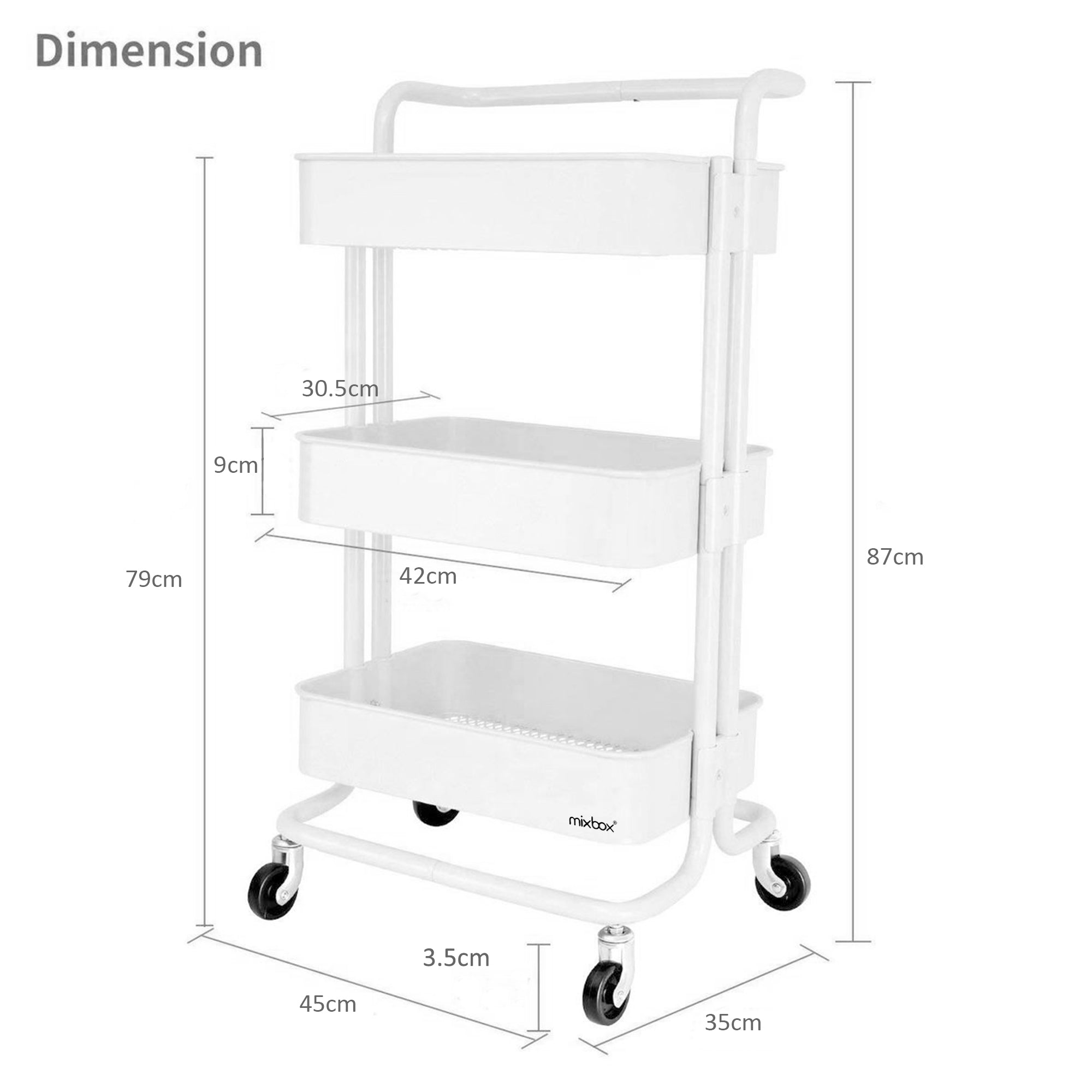 3 Tier Rolling Utility Cart Storage Trolley White HEARTDECO