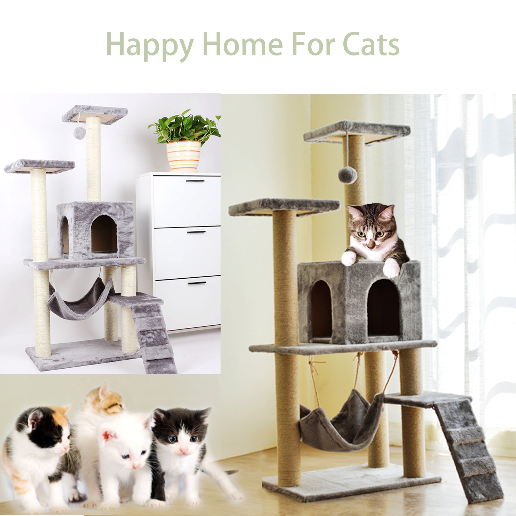 Large Cat Tree with Hammock Sisal Scratcher HEARTDECO