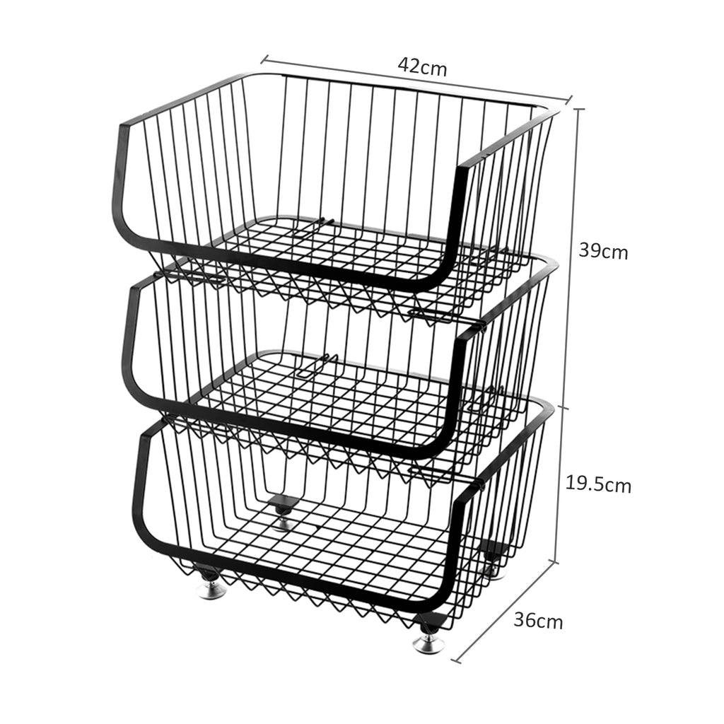 1Easylife 3-Tier Fruit Basket, Metal Wire Basket Cart with 2 Free Baskets, Black