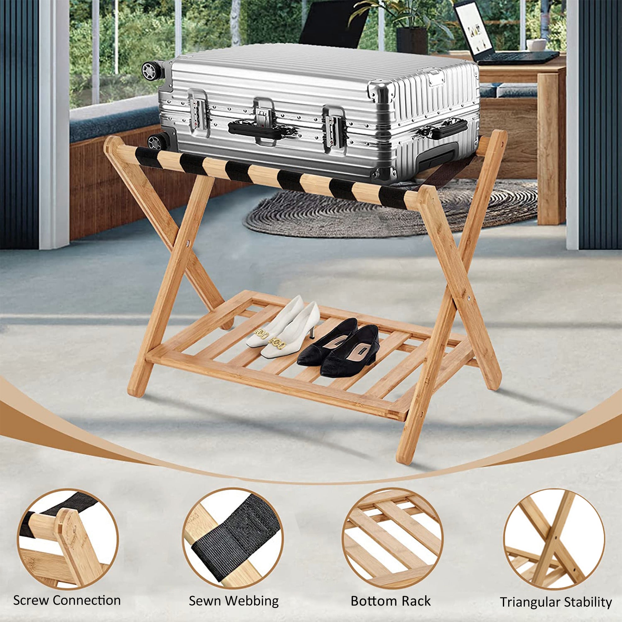 Bamboo Luggage Rack Suitcase Stand HEARTDECO bamboo-luggage-rack-suitcase-stand-heartdeco