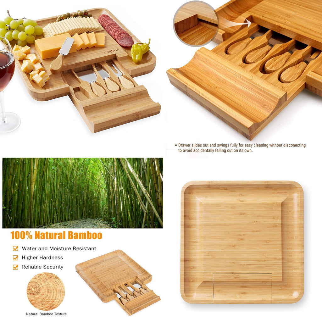 Casafield Bamboo Cutting Board Set with Food Storage Trays and Lids, Brown