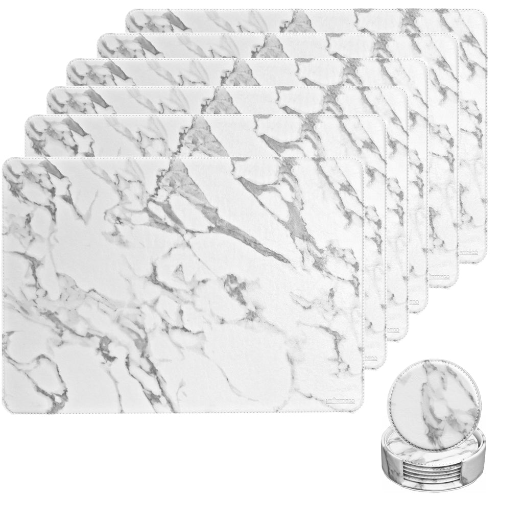 Premium Marble Pattern PU Leather 6 Placemats & 6 Coasters Set