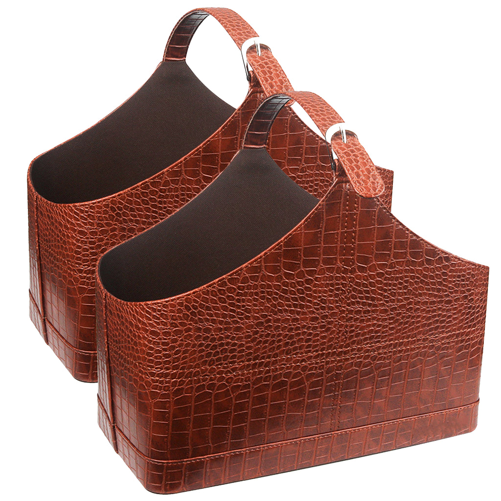 2PCs PU Leather Magazine Holder Basket - Brown Croc