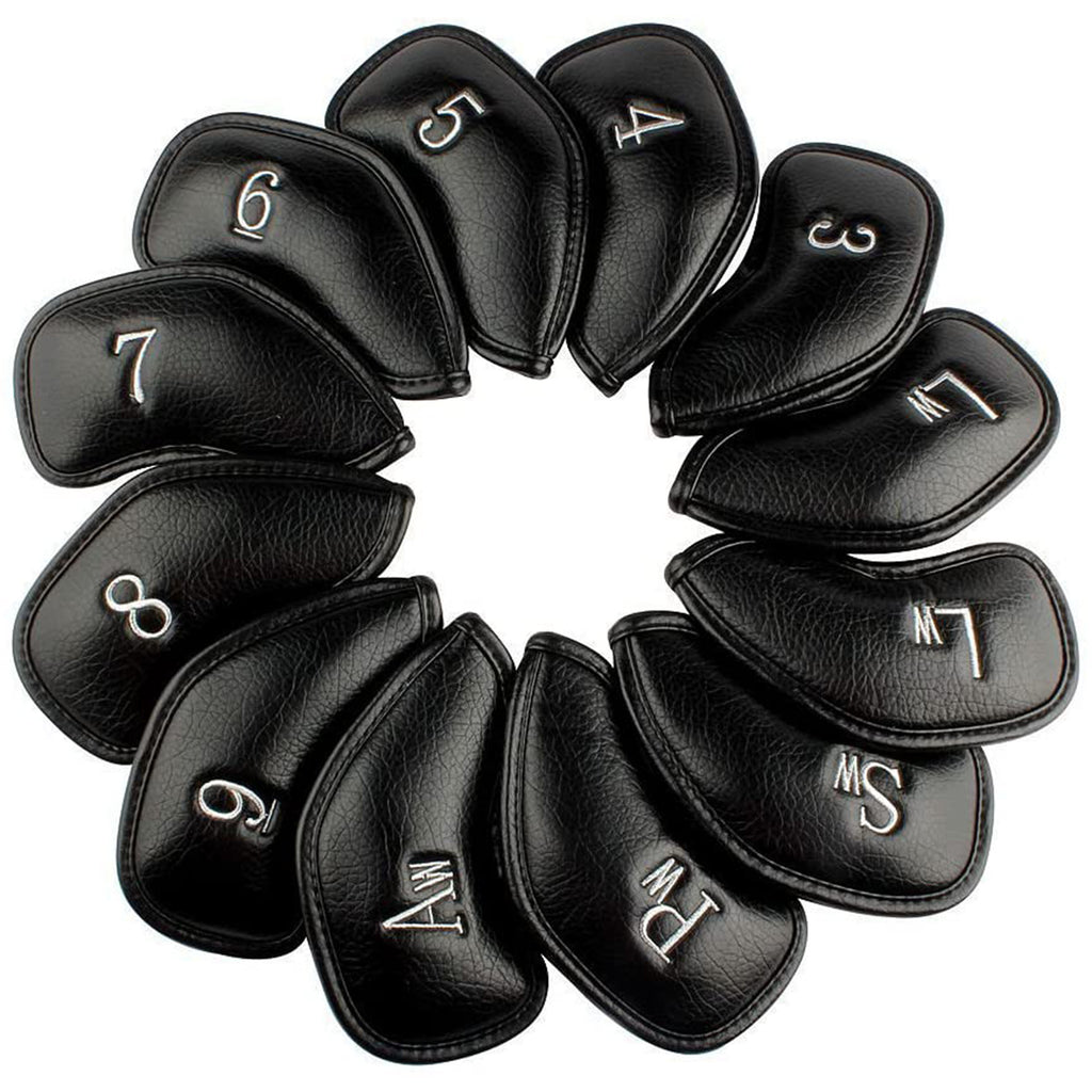 PU Leather Golf Club Iron Head Cover Set -12Pcs -Black