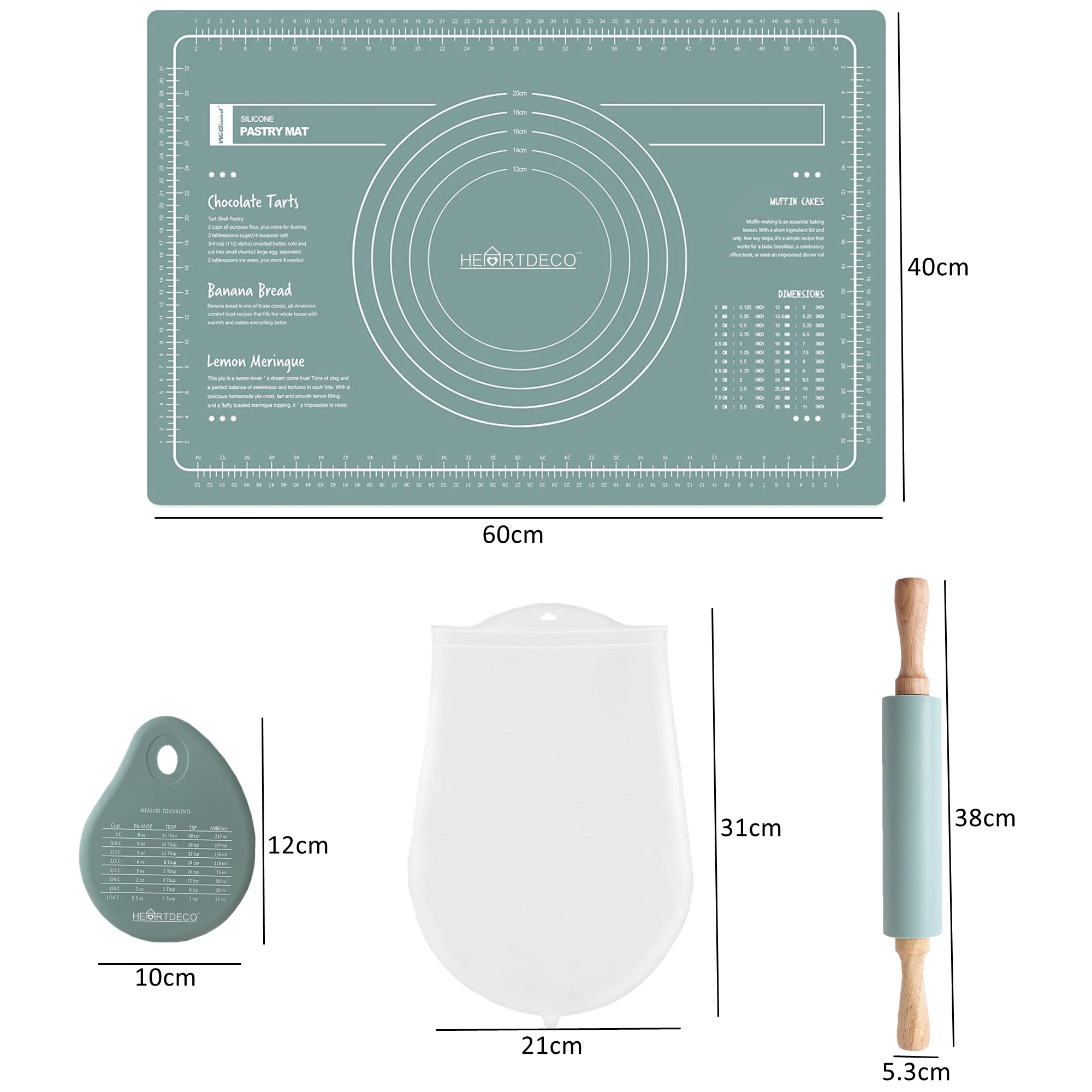 Silicone Kneading Mat Rolling Pin Baking Kit HEARTDECO