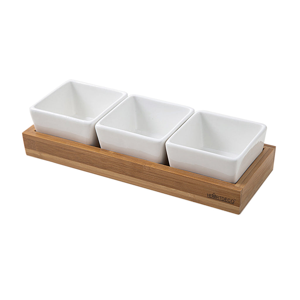 Bamboo Tray Ceramic Serving Dishes Platter Set
