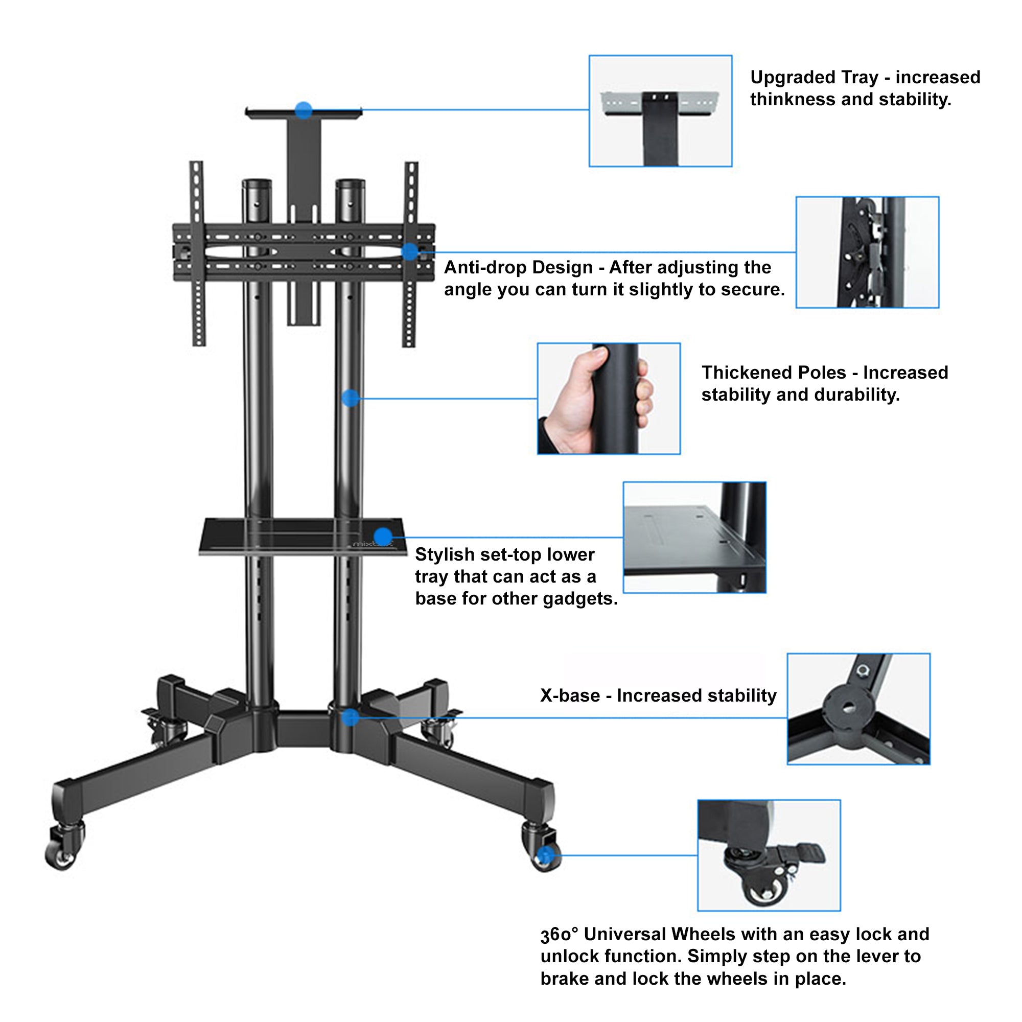Mobile TV Cart Free Standing TV Stand 4290 Inch HEARTDECO